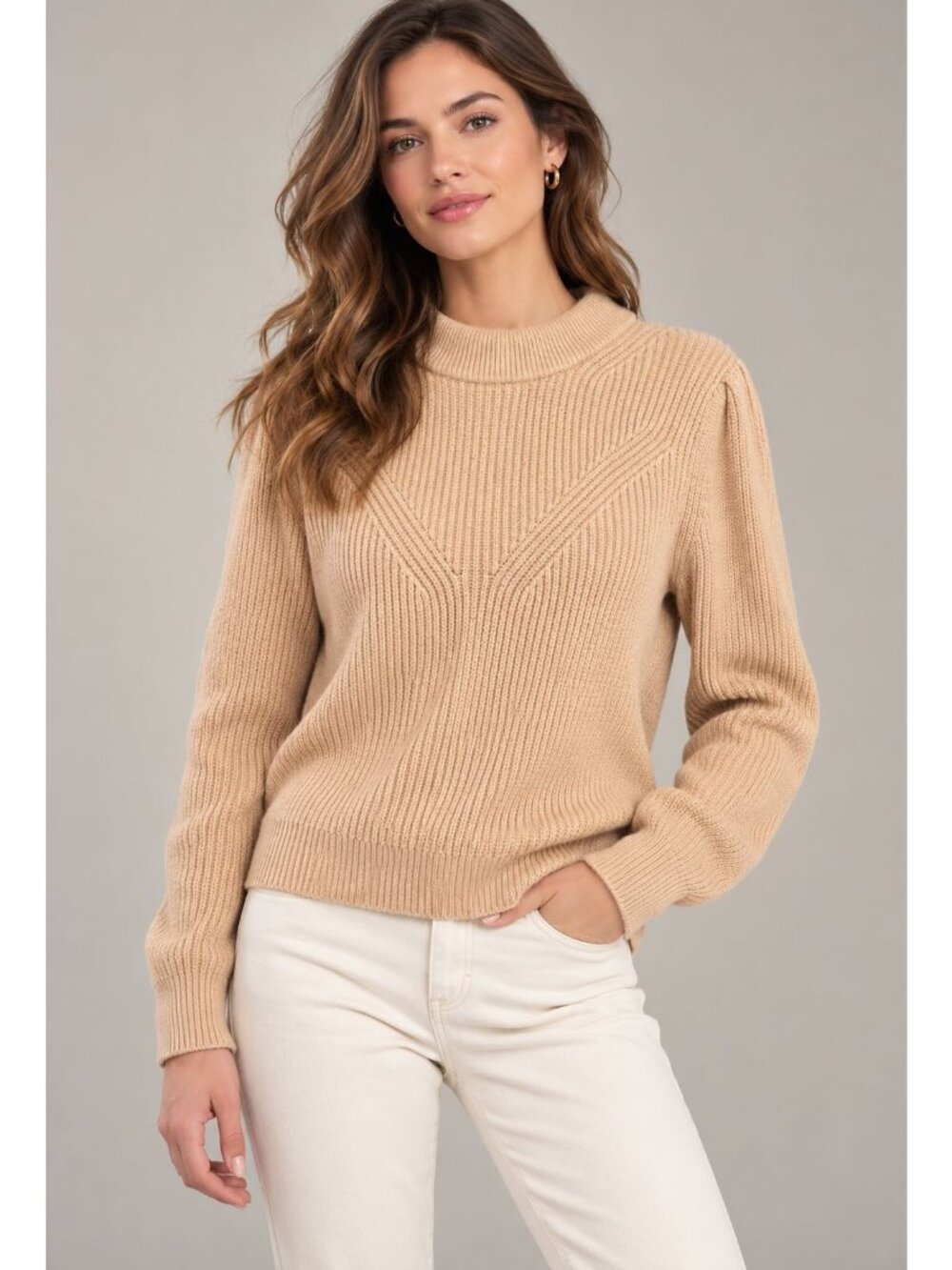 Joie Harlequin Cotton-Cashmere Sweater rib-knit Size M mock neck chevron-pattern